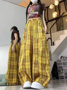 复古美式撞色格纹筒裤，夏季女款，宽松抽绳设计，休闲百搭。 - 黃色 - 查看 6