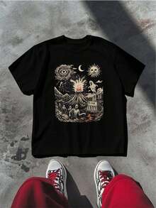 T-shirt TAGLIA COMODA con stampa grafica di vulcano, sole e luna, cotone morbido, vestibilità ampia, traspirante, stile street hip-hop, design grafico - nero - Visualizzare 2