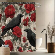 1Pc Gothic Crow & Floral Shower Curtain, Black & White Botanical Print, Machine Washable Polyester With 12 Hooks, Modern Elegant Bathroom Decor, Smooth Texture Fabric For Stylish Home Aesthetics, Bathroom Decor And Accessories - 顏色13 - 查看 2