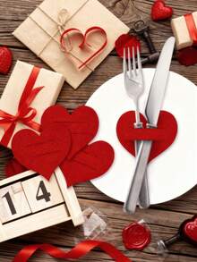 12/6pcs Valentine's Day Heart-Shaped Cutlery Storage Bag, Felt Heart-Shaped Date Party Cutlery Set, Red Felt Heart-Shaped Cutlery Set, Valentine's Day Table Decoration, Cutlery Bag, Cutlery Set, Romantic And Simple Forest-Themed Valentine's Day Wedding Party Set. Room Decor, Home Decor - Multicolor - View 2