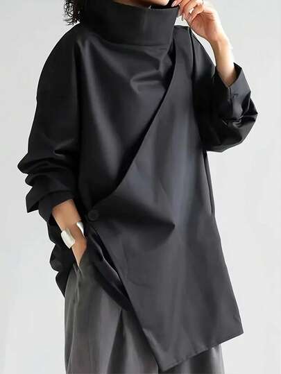 Blusa casual larga con collo alto da donna, in tessuto di colore unito, con chiusura a bottoni, adatta per l'ufficio, l'uso quotidiano e l'aeroporto, per la primavera/autunno