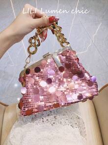 Esta bolsa de festa elegante e luxuosa apresenta enfeites de lantejoulas combinados com uma corrente de metal. Adequada para meninas, mulheres, estudantes universitárias e profissionais jovens, é perfeita para trabalho, negócios, transporte e ocasiões escolares. - Rosa chiclete - Visão 1