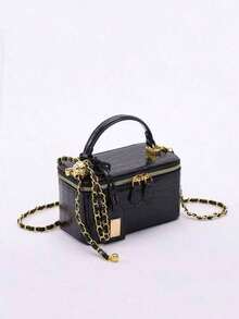 A Sophisticated Black Crocodile-Embossed Zippered Small Square Bag, Stylish PU Quilted Diamond Pattern Embroidered Box Bag, Chic And Versatile Women's Handbag With Chain Crossbody Design. - Black - View 3