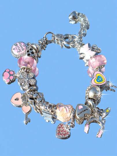 1 件可爱机器人吊饰手链、心形棒棒糖 DIY 手链、花卉手链、心形钥匙吊坠手链、可爱风格手链