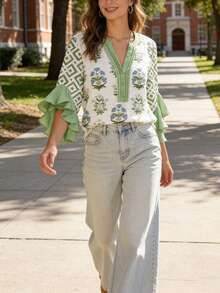 1 Women'S Floral & Geometric Pattern Print Blouse - Button-Front Top With Three-Quarter Length Ruffle Sleeves, Non-See-Through Fabric For Everyday & Formal Events - Spring/Summer Blouse In Green, Women'S Clothing - 薄荷綠 - 查看 2