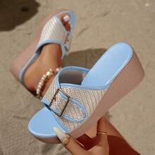 Damen Mode 2026 Sommer Boho Keilabsatz Plateau Runde Zehenkappe mit Metallschnalle Slip-On Braun & Hellblau Lässig Sandalen, geeignet für Zuhause, Strand, Urlaub und Alltag - Babyblau - Übersicht 10