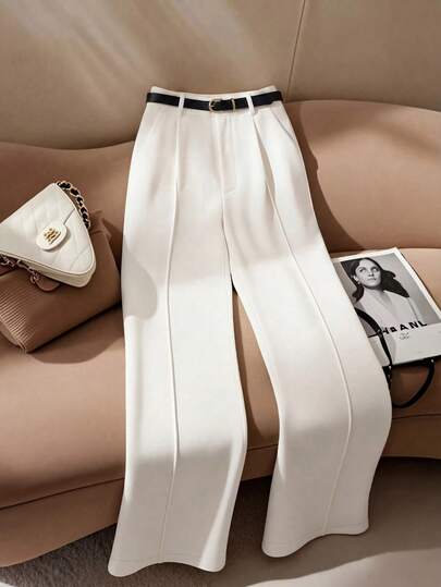 Women's High Waist White Wide Leg Pants With Pleated Details, Essential For Commuting And Everyday Wear (With Belt)