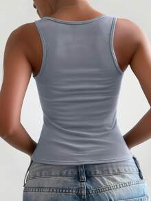 1pc Women's Ribbed Camisole With Padded Bust, Slim Fit Layering Tank Top - Grey - View 3