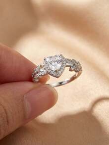 1pc Elegant Cubic Zirconia Heart Shaped Decorative Ring For Women, Wedding, Party, Daily Wear, Copper Material, Non-Fading, Non-Allergic, Great Gift For Lover, Mother - Silver - View 4