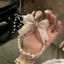 Korean Ins Style Rhinestone Heart, Mesh Bow Beaded Phone Strap, Sweet & Delicate High-Quality Bag Charm - Multicolor - View 2