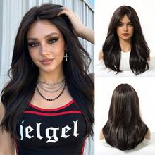 Tóc giả màu nâu thanh lịch dài 20 inch, có mái, làm từ chất liệu tổng hợp tự nhiên, chịu nhiệt, kiểu sóng xoăn, độ dài trung bình, thích hợp cho nữ sử dụng hàng ngày. - màu nâu - Xem 12