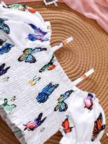 Young Girls' Colorful Butterfly Print Petal Sleeve Crop Top And Pleated Skirt 2-Piece Casual Outfit, Spring/Summer - White - View 3