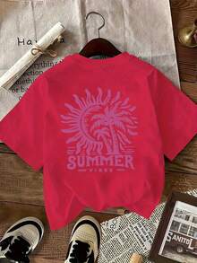 [Women's Coconut Tree-Shirt] Women's Spring/Summer Casual Round Neck Short Sleeve Fashion Coconut Tree Print-Shirt, Stretch Polyester Fabric, Easy Care And Washable, Suitable Casual Attire. Women's Clothing, Standard Size Valentine Outfits Women,Summer Outfits DJQZ - Đỏ - Xem 3