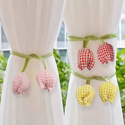2 st gardinband med tulpanblomma, gardintillbehör med rutig textur, gardinfästen och förvaringsband, heminredning