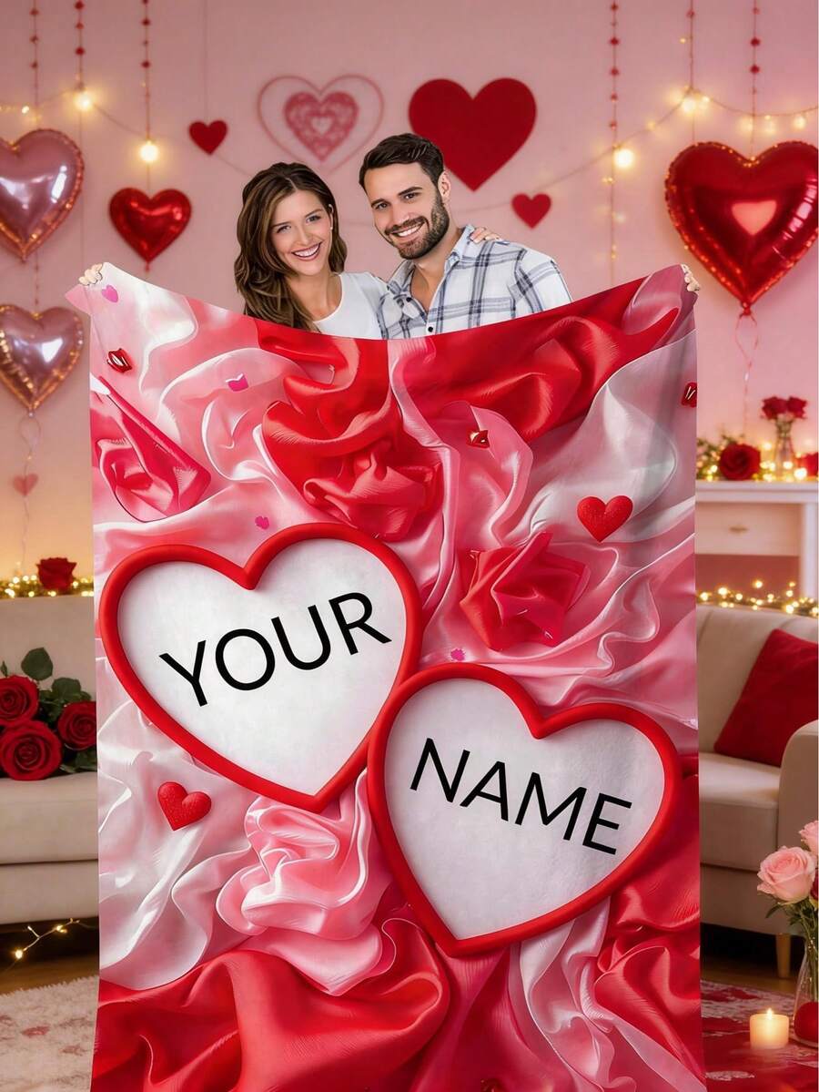 1pc Personalized Rose Flower Heart Shaped Customized Flannel Blanket - Customized Name, Soft & Warm, Suitable For Sofa, Bed, Travel, Camping - Lightweight, Machine Washable - Multicolor - View 1