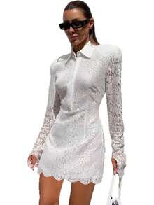 Lace Dress High-End Temperament Autumn And Winter New Long-Sleeved Jacquard Fashion Sexy Women's Dress - 白色 - 查看 6