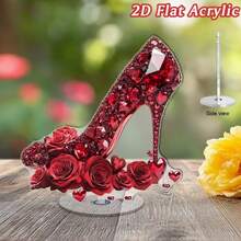 Decoração de Mesa Acrílica Plana e Giratória - Saltos Altos Vermelhos com Cristais Cintilantes, Rosas e Corações - Decoração de Sapato Giratório 2D para Presente do Dia dos Namorados, Acessório de Moda Adequado para Casa e Escritório, Sem Necessidade de Eletricidade, Plano 2D - Multicolorido - Visão 9