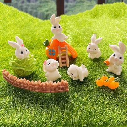 Collectible Miniature Rabbit Garden With Carrot House, Resin Rabbit Decor For Tabletop, Garden And Micro Landscape, Adorable Easter Decoration