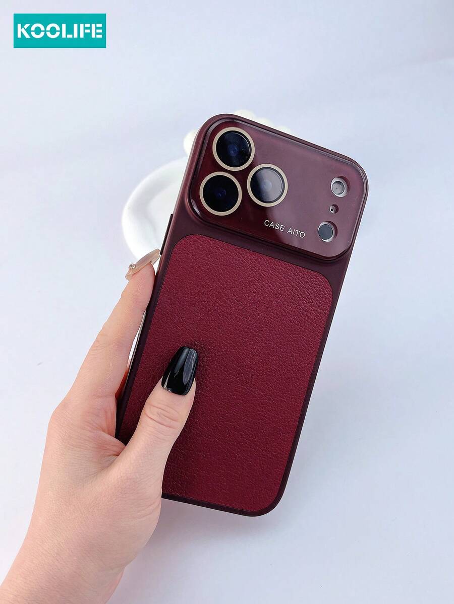 Koolife 1pc Large View Window Lychee Pattern Faux Leather Phone Case, PC+PU Leather Hybrid Cover With Raised Lens Protection & Built-In Lens Film, Shockproof Stylish Design Case, Compatible With IPhone 17/17 Pro/17 Pro Max - Retro Red - View 1
