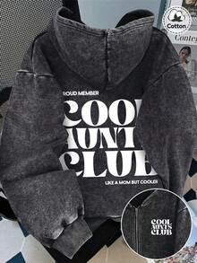 女士秋冬标语印花连帽衫，略带弹性，修身剪裁，做旧水洗效果，保暖内衬棉混纺黑色长袖拉链连帽衫，休闲日常外套