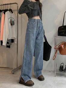 Solid Slit Hem Wide Leg Jeans - Lavagem escura - Visão 2