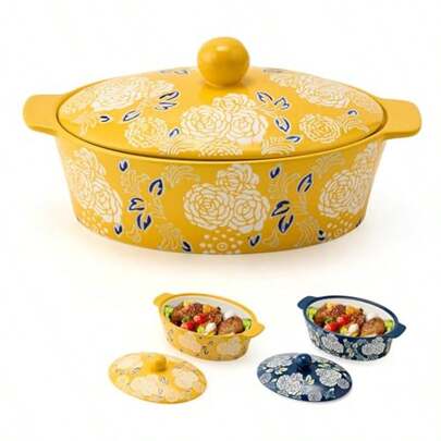 Ceramic Casserole Dish With Lid Casserole Dishes For Oven Baking Dish Lasagna Pans For Cooking Oval Baking Pan Dutch Oven Perfect For Bread Baking And Serving Housewarming Christmas - Yellow