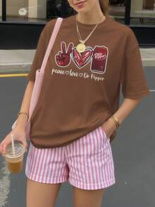 和平、爱与胡椒印花休闲宽松女装，适合夏季、中国新年、农历新年、马年、春节、新年快乐、情人节、情人节礼物、送给她的礼物。 - 棕色 - 查看 1