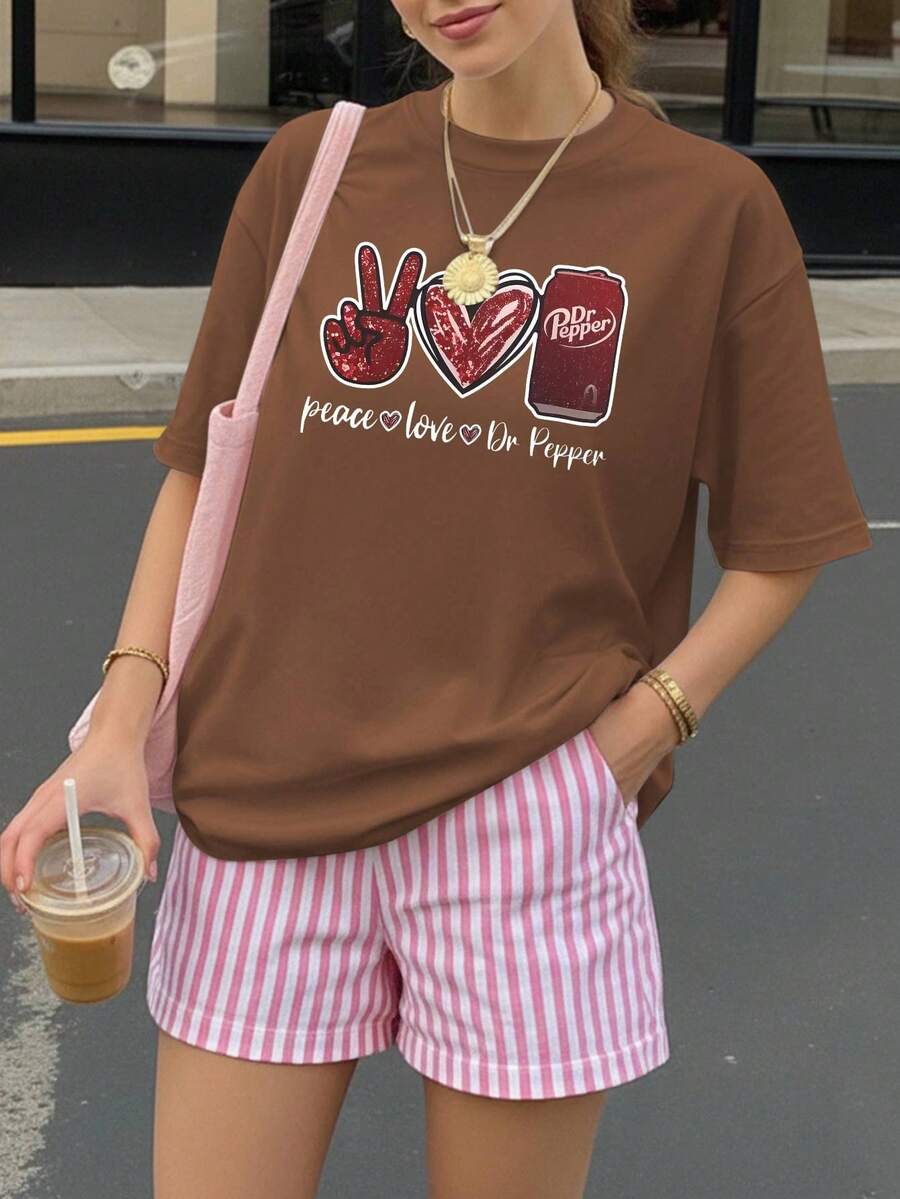 和平、爱与胡椒印花休闲宽松女装，适合夏季、中国新年、农历新年、马年、春节、新年快乐、情人节、情人节礼物、送给她的礼物。 - 棕色 - 查看 1