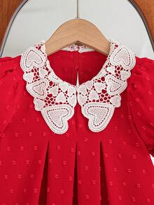 Young Girls' Valentine's Day Solid Color Heart Ruffle Collar Puff Sleeve Dress - Red - View 4