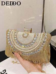 Dedoo 1件新款水钻装饰晚宴手拿包 - 闪亮亮片手提包，带流苏装饰，适合搭配婚纱和伴娘礼服，可拆卸金属链条肩带，是送给女性的完美礼物，非常适合派对、婚礼、盛会、正式活动，可搭配节日派对礼服、晚礼服和亮片连衣裙。 - 金色 - 查看 11