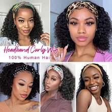 DAISI Headband Wig Human Hair Curly Wigs For Black Women Brazilian None Lace Front Wigs 150% Density Natural Black Headband Wigs Gluel Wig With Elastic Band For Beginners 10 Inch - HeadbandJCBobWig - View 5