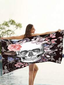 1pc Gothic Halloween Beach Towel, 250gsm Ultra-Fine Fiber Quick-Dry & Super Absorbent, Dark Skull Crack Rose Pattern, 70x140cm Or 90x180cm, Multi-Functional Sand Mat, Yoga Mat, Camping Blanket, Travel Shawl - Multicolor - View 5