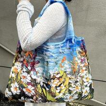 Large Capacity Foldable Tote Bag For Women, Stylish Patterned Shoulder Bag For Shopping & Gym, Portable Travel Carry-On Handbag, Durable Office & Daily Use Grocery Bag - sf-03-油畫星空 - 查看 2