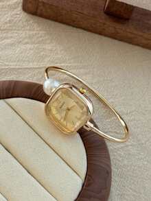 1件女士优雅椭圆形设计绿色表盘银色和金色时尚休闲手表手链款式 - 金色 - 查看 4