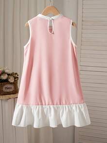 Girls' Casual Solid Color Sleeveless Knee-Length Dress With 3D Bow Decor And Keyhole Back, Suitable For Spring/Summer - Pink - View 3