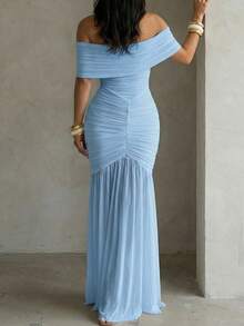 ChicMe Vestido largo con hombros descubiertos y drapeado, vestido de cóctel elegante con ajuste ceñido y bajo de sirena sin mangas - Lavado ligero - Ver 3