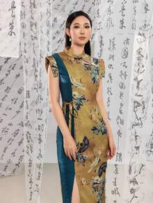 女士立领侧打结开衩下摆连衣裙，饰有不对称仙鹤印花 - 修身现代中式旗袍风格连衣裙，适合商务午餐、正式办公室活动、画廊开幕式、婚礼宾客场合和文化聚会。 - 卡其色 - 查看 8