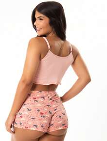 Women's Pajama Set With Printed Short Doll And Plain Cropped Top! - 淺粉色 - 查看 2