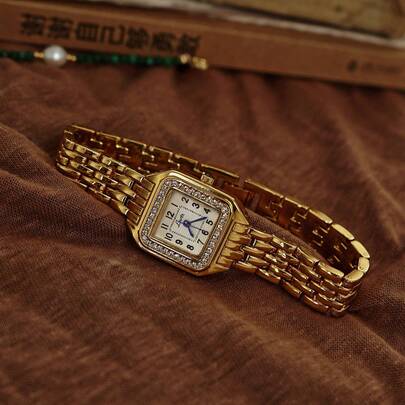 1pc New Rhinestone Zirconia Inlaid Gold Square Dial Ladies Waterproof Watch, Elegant Minimalist Casual Style Roman Numeral Dial, Decor Quartz Watch Suitable For Daily Life And Attending Gatherings