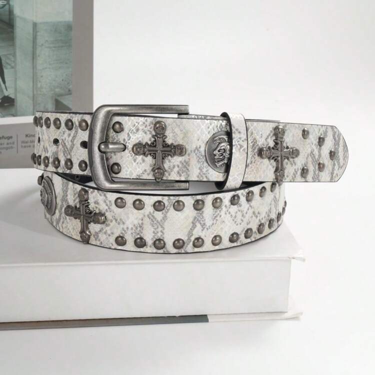 原创十字架骷髅豹纹腰带，铆钉朋克Y2K风格夜店装扮 - 彩色 - 查看 12