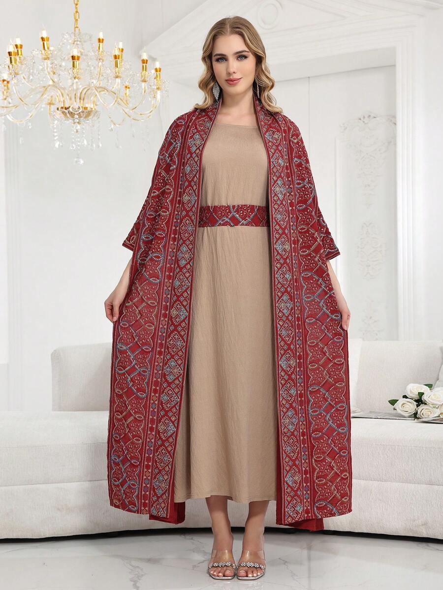 2pc Set Elegant Embroidered Arabic Style Dress With Square Neckline, Fashionable & Graceful 2026 New Style Ramadan Traditional