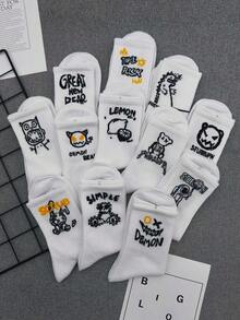 1/5/10双装随机涂鸦字母图案机器人滑板街头风篮球袜，中筒高腰男女通用运动袜，四季皆宜 - 白色 - 查看 5