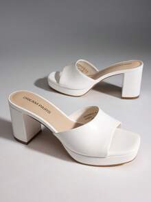 Women Minimalist Open Toe Heeled Mule Sandals Slip On, Thick Heel Casual High Heel Sandals For Outdoor Spring/Summer - 白色 - 查看 4