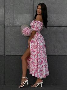 Đầm maxi cổ yếm/trễ vai in hoa màu hồng hiệu Solstice Apparel, tay phồng, eo thắt, xẻ tà, phong cách lãng mạn Pháp, hoàn hảo cho đi làm hàng ngày, đi chơi và du lịch, đầm đa năng mùa xuân hè thanh lịch - Hồng - Xem 7