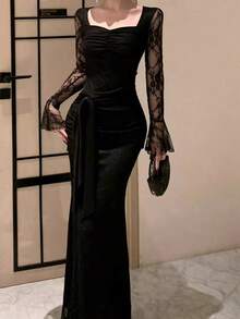Women's Elegant Fitted Black Lace Patchwork Vintage Style Formal Dress, Suitable For Spring/Summer, Birthday Party, Ball Wedding - Black - View 6