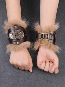 2pcs Medieval Viking Faux Fur And PU Leather Bracers, Renaissance Knight Wrist Guards, Suitable For Renaissance Viking Fair, Role-Playing Games, Halloween Costume Accessories Props - Brown - View 12