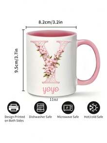 1pc Personalized Floral Initial Coffee Mug, 11oz Ceramic Cup, Customizable Name Design, Elegant Floral Monogram Ceramic Mug, Perfect Gift For Mom, Grandma, Sister, Friend, Suitable For Anniversary, Birthday, Party, Coffee Shop Decor, Christmas, Thanksgiving, Teacher's Day - Multicolor - View 7