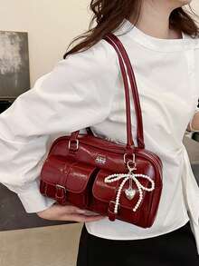 Women's Retro Solid Color Pu Leather Shoulder Bag With Multiple Pockets Large Capacity Comes With A Detachable Accessory Charm - Red - View 3