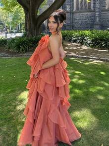 Women's Dress For Vacation With Elegant Style, Long Dress Featuring A Hanging Neck And Three-Dimensional Floral Pattern On The Straps - Màu xanh lam - Xem 2