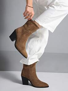 Fall/Winter US Style Pointed Toe Zipper Ankle Boots, New Vintage Pointed Western Boots, Chunky Heel Side Zipper Short Shaft European & American Boots, Size 35-42,Boots For Women